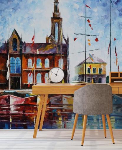 painted colorful boats by harbor wallpaper painted colorful boats by harbor wallpaper