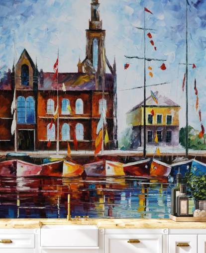 painted colorful boats by harbor wallpaper