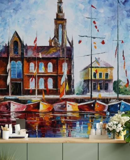 painted colorful boats by harbor wallpaper
