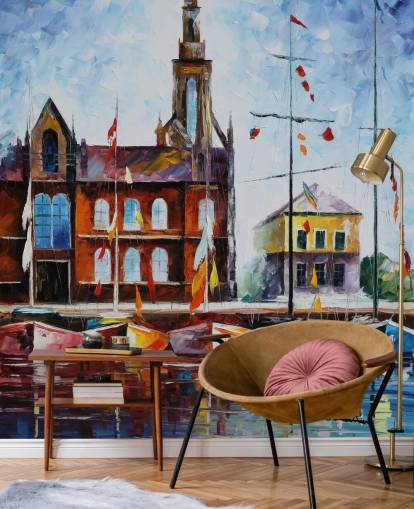 painted colorful boats by harbor wallpaper painted colorful boats by harbor wallpaper