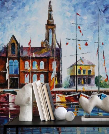 painted colorful boats by harbour wallpaper painted colorful boats by harbour wallpaper