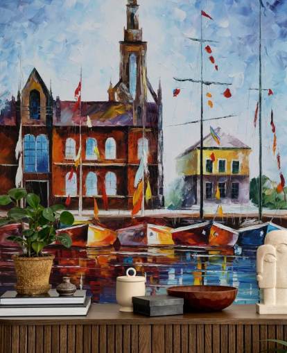 bateaux colorés peints par Harbour Wallpaper