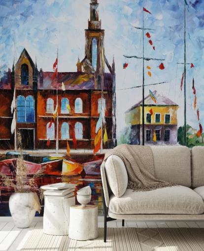 painted colorful boats by harbor wallpaper