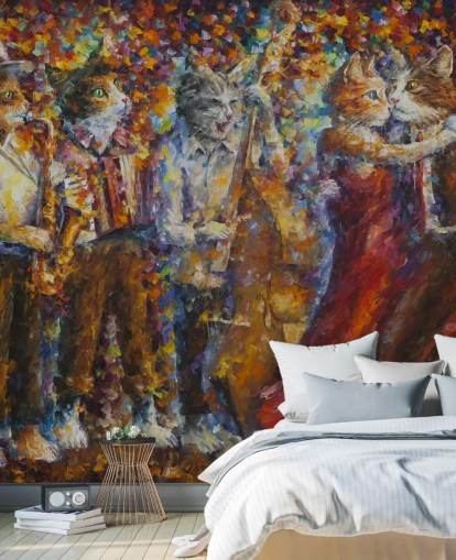 Mural de pared pintados con gatos vestidos bailando