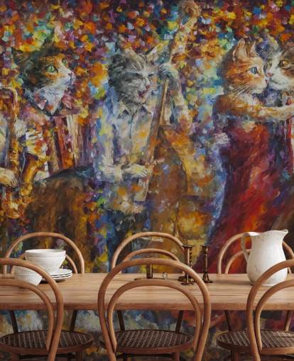 Mural de pared pintados con gatos vestidos bailando