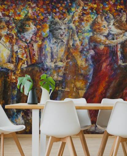 Decorazione murale con gatti vestiti dipinti che ballano