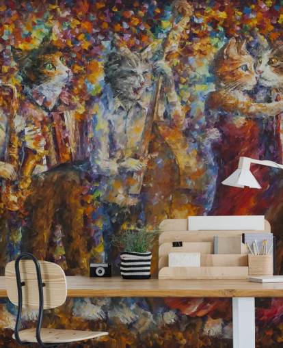 Decorazione murale con gatti vestiti dipinti che ballano