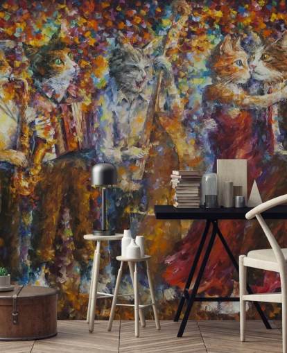 Decorazione murale con gatti vestiti dipinti che ballano