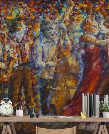 Mural de pared pintados con gatos vestidos bailando