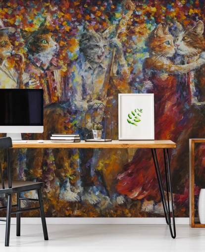 Decorazione murale con gatti vestiti dipinti che ballano