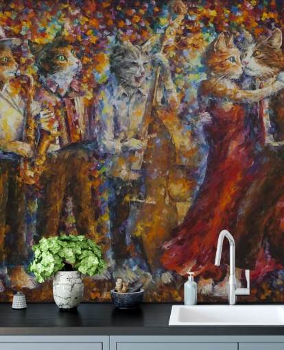 Mural de pared pintados con gatos vestidos bailando