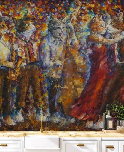 Decorazione murale con gatti vestiti dipinti che ballano