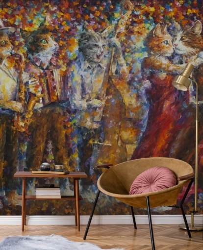 Decorazione murale con gatti vestiti dipinti che ballano