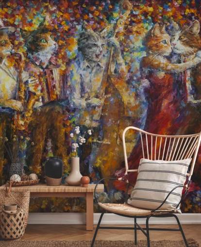 Decorazione murale con gatti vestiti dipinti che ballano Decorazione murale con gatti vestiti dipinti che ballano