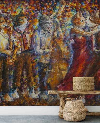 Decorazione murale con gatti vestiti dipinti che ballano Decorazione murale con gatti vestiti dipinti che ballano