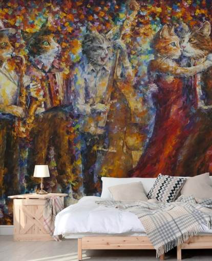 Mural de pared pintados con gatos vestidos bailando