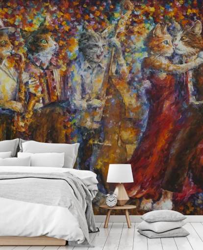 Mural de pared pintados con gatos vestidos bailando Mural de pared pintados con gatos vestidos bailando