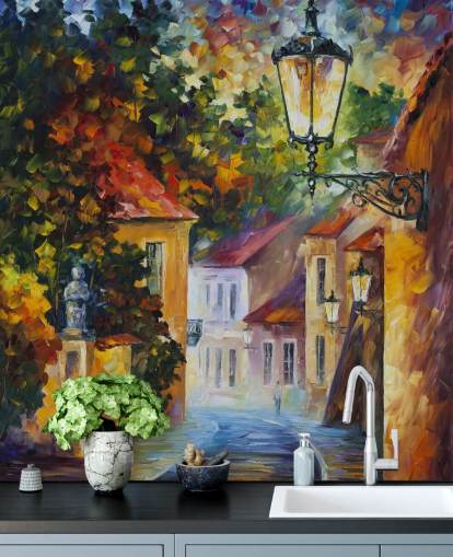mediterranean street painted wallpaper