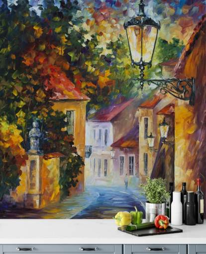 bemalte Tapete mit mediterraner Straße