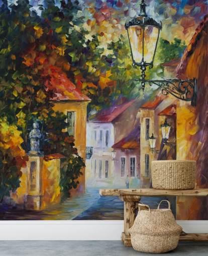 mediterranean street painted wallpaper