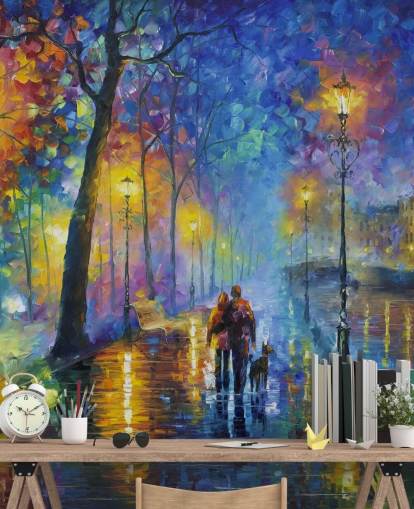 buntes Gemälde einer regnerischen Straße bei Nacht als Hintergrundbild