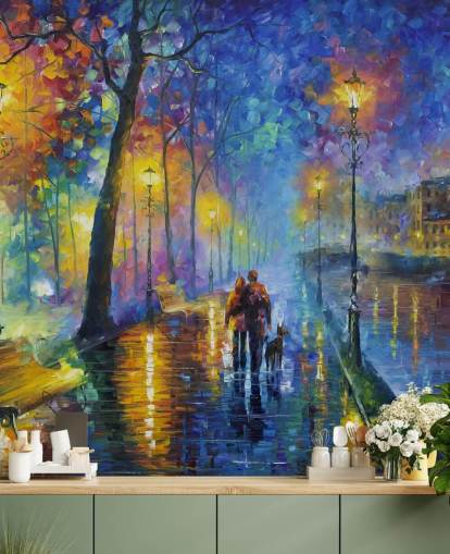 kleurrijk schilderij van regenachtige straat bij nacht behang