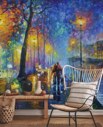 pittura colorata di strada piovosa di notte carta da parati