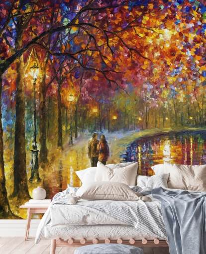 abstract schilderij van romantisch koppel aan het kanaal bij nacht behang abstract schilderij van romantisch koppel aan het kanaal bij nacht behang