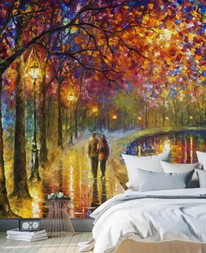 abstract schilderij van romantisch koppel aan het kanaal bij nacht behang