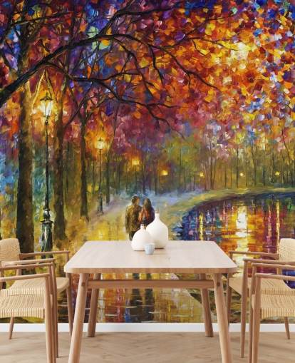abstract painting of romantic couple by canal at night wallpaper
