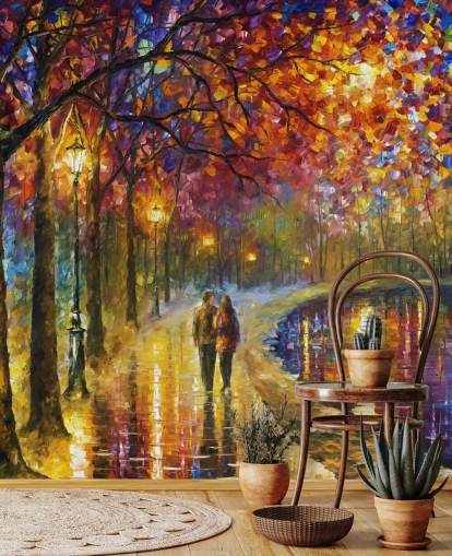 pittura astratta di coppia romantica sul canale di notte carta da parati