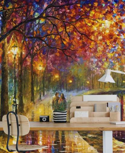 abstract schilderij van romantisch koppel aan het kanaal bij nacht behang abstract schilderij van romantisch koppel aan het kanaal bij nacht behang