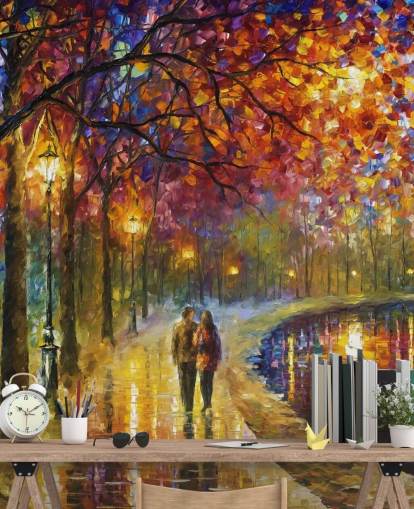 peinture abstraite d'un couple romantique au bord du canal la nuit papier peint