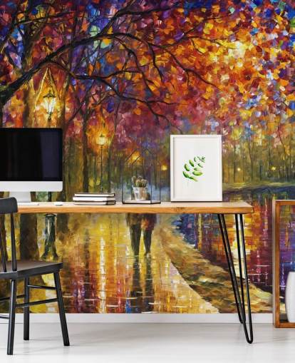 abstract painting of romantic couple by canal at night wallpaper