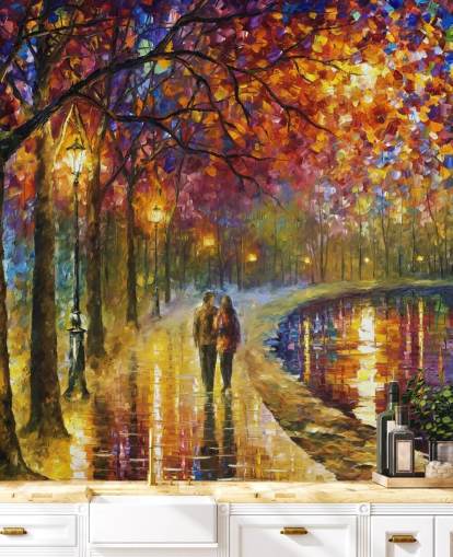 abstract painting of romantic couple by canal at night wallpaper