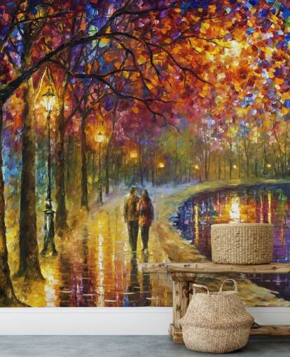 pittura astratta di coppia romantica sul canale di notte carta da parati