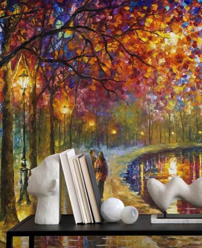 abstrakte Malerei eines romantischen Paares am Kanal bei Nacht, Tapete