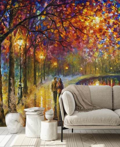 peinture abstraite d'un couple romantique au bord du canal la nuit papier peint