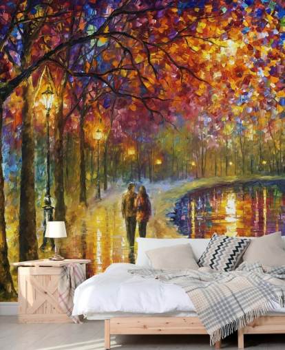 abstract painting of romantic couple by canal at night wallpaper