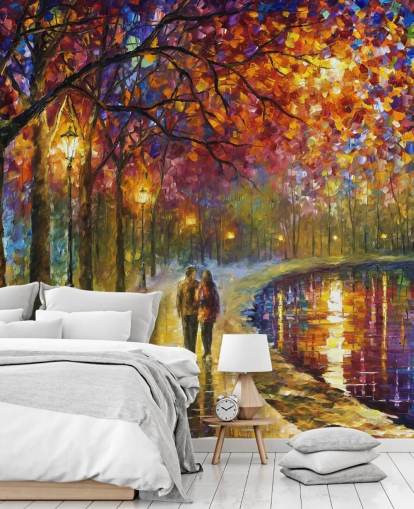 abstract painting of romantic couple by canal at night wallpaper