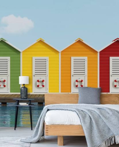 Beach Cabins on the Pier Wallpaper Mural Beach Cabins on the Pier Wallpaper Mural