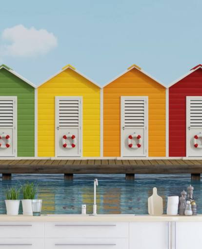 Beach Cabins on the Pier Wallpaper Mural Beach Cabins on the Pier Wallpaper Mural