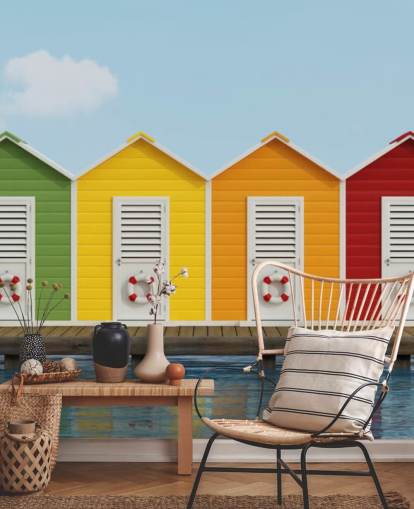 Carta da parati murale con cabine sulla spiaggia sul molo