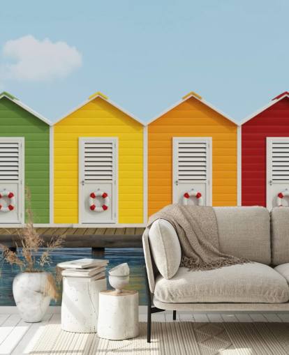 Beach Cabins on the Pier Wallpaper Mural Beach Cabins on the Pier Wallpaper Mural