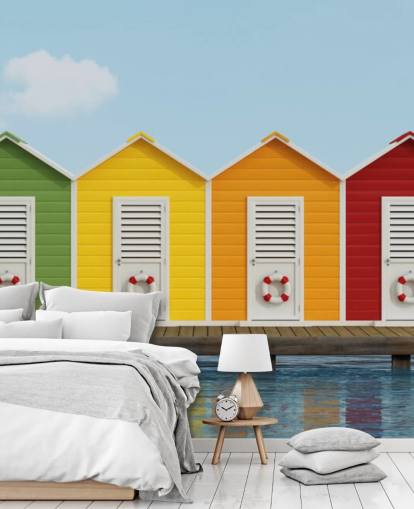 Carta da parati murale con cabine sulla spiaggia sul molo