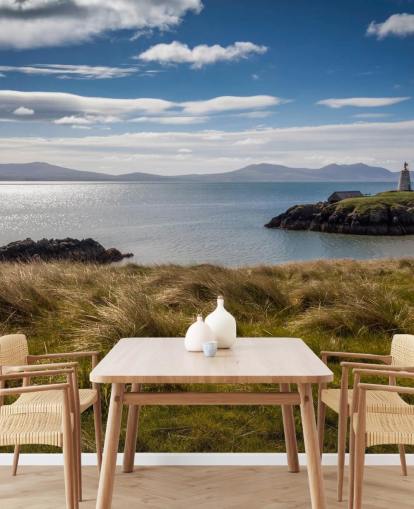 Båd på det rolige hav til side en landlig kyst i Llanddwyn