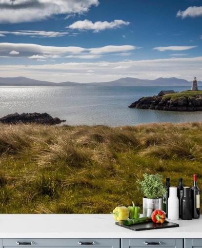 Barco en mar en calma junto a una costa rural en Llanddwyn