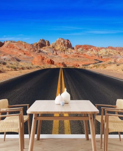 blaues, graues und orangefarbenes Wandbild der US-Wüstenstraße namens Valley of Fire Road von Anthony Bryant blaues, graues und orangefarbenes Wandbild der US-Wüstenstraße namens Valley of Fire Road von Anthony Bryant