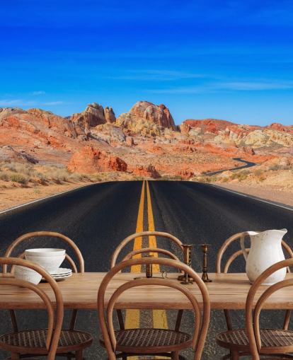 sininen, harmaa ja oranssi USA: n aavikkotien seinämaalaus nimeltä Valley of Fire Road, kirjoittanut Anthony Bryant sininen, harmaa ja oranssi USA: n aavikkotien seinämaalaus nimeltä Valley of Fire Road, kirjoittanut Anthony Bryant
