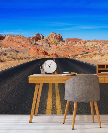 fresque murale bleue, grise et orange sur la route du désert des États-Unis appelée Valley of Fire Road par Anthony Bryant